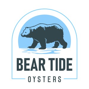 Logo of a bear walking in water with 'Bear Tide Oysters' text below.