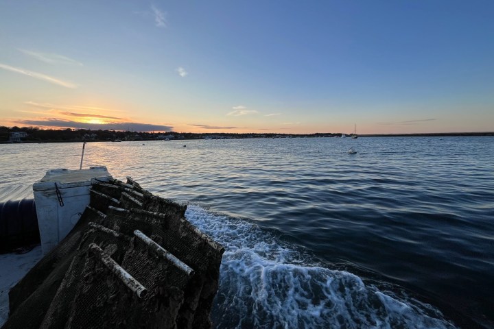 Sunset over a calm sea with a pier and gentle waves.