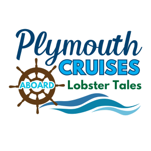 Plymouth Cruises logo with ship wheel, blue waves, and text 'Aboard Lobster Tales'.