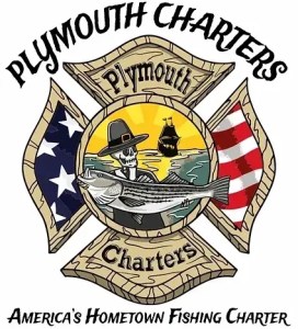 Illustrated emblem for Plymouth Charters featuring a fishing skeleton and nautical themes.