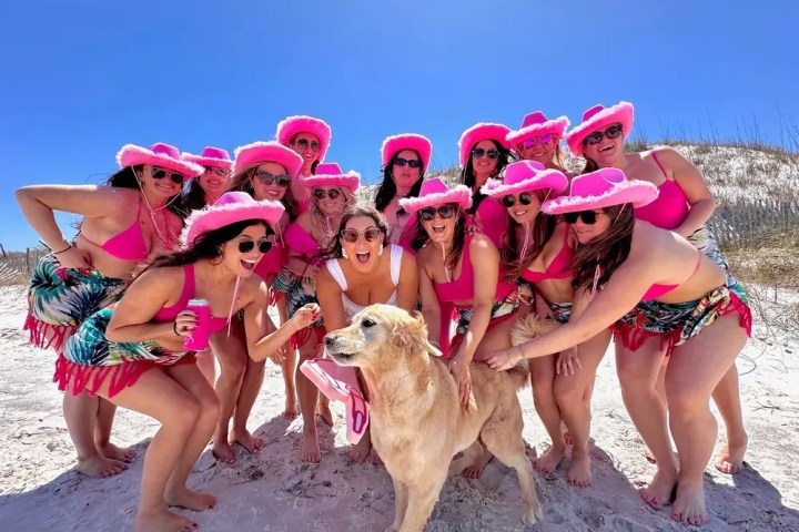 Group in pink cowboy hats and swimsuits with a dog on a sandy beach.